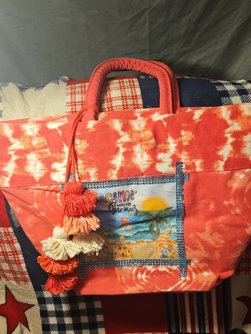 Coral Tie-Dye Beach Tote with Tassel Accent